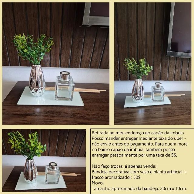 Kit bandeja decorativa com vaso e plantinha artificial + frasco aromatizador novo
