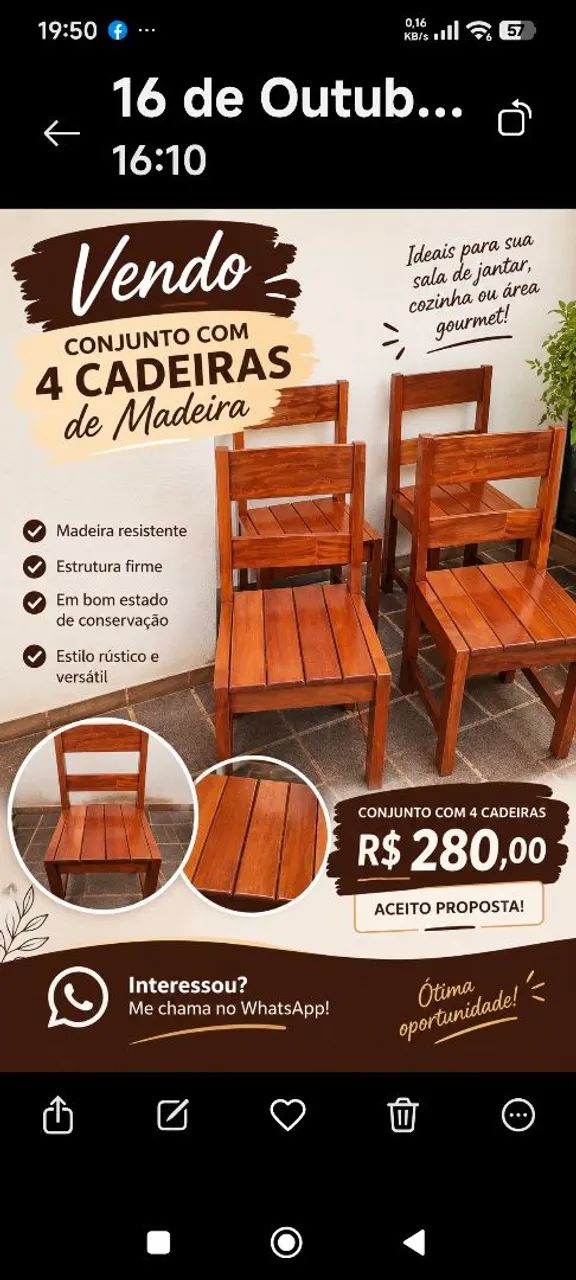 Conjunto de 4 cadeiras de madeira