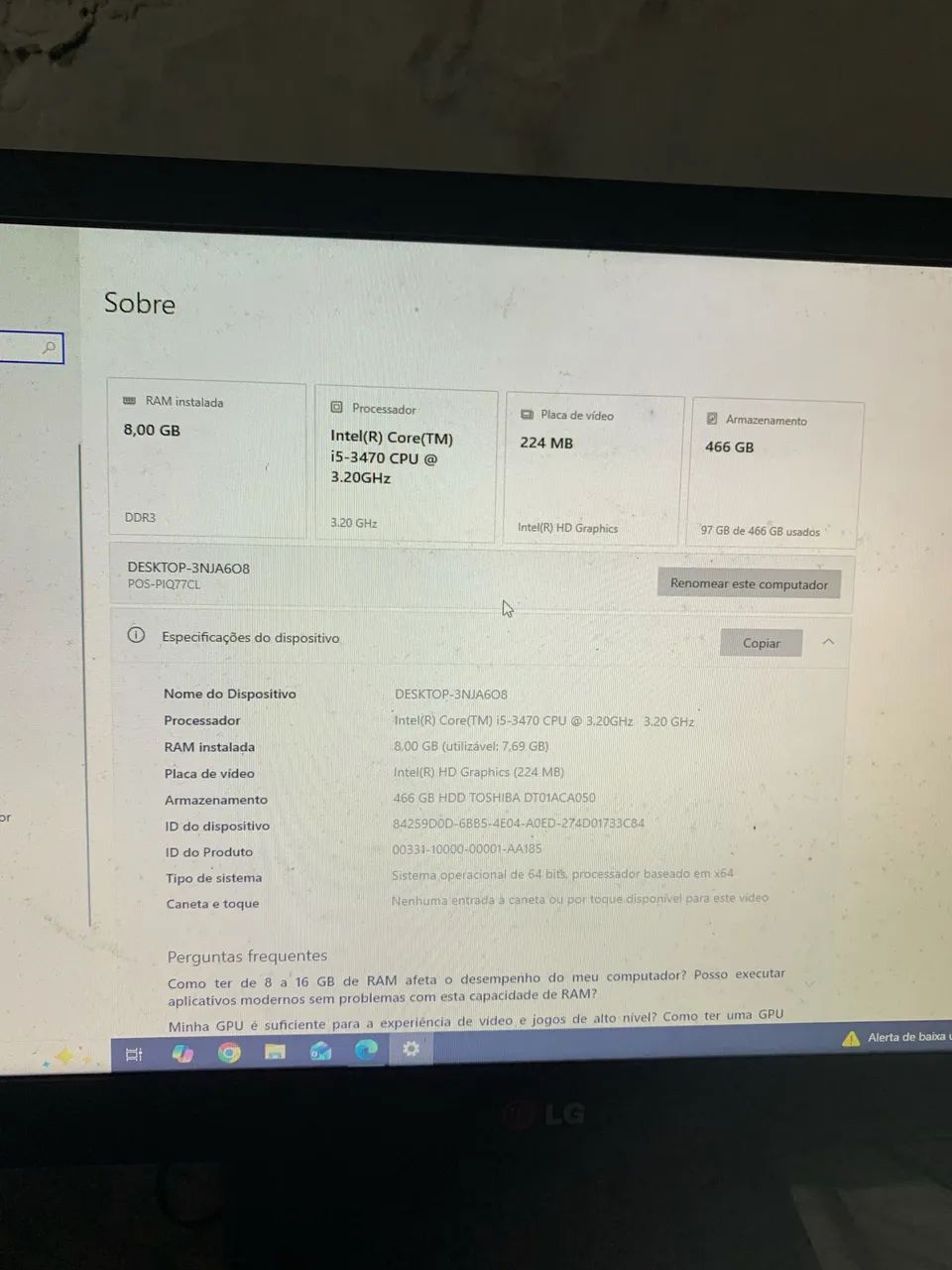 ? PC Desktop Completo - 8GB RAM + 466GB HD