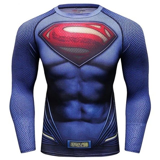 Camisa de Compressão Superman Liga da Justiça Manga Longa Rashguard Elastano