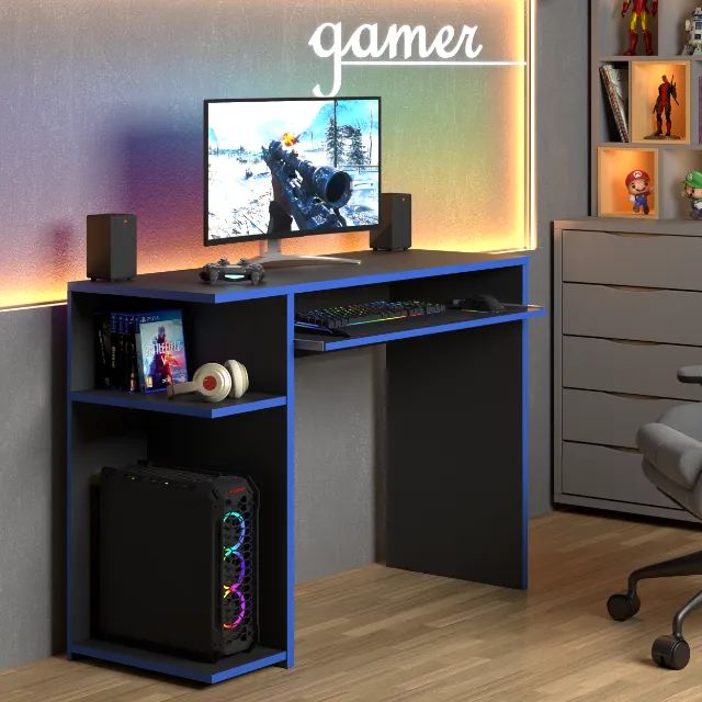 Mesa para Computador Gamer Preta e Azul Nova