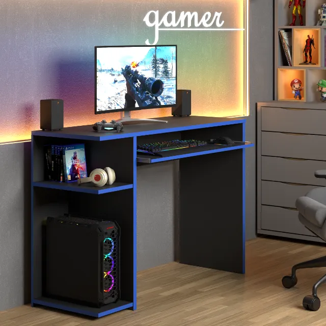 Mesa para Computador Gamer Preta e Azul Nova