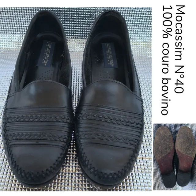 Mocassim masculino tamanho 40 preto todo feito em couro auténtico.