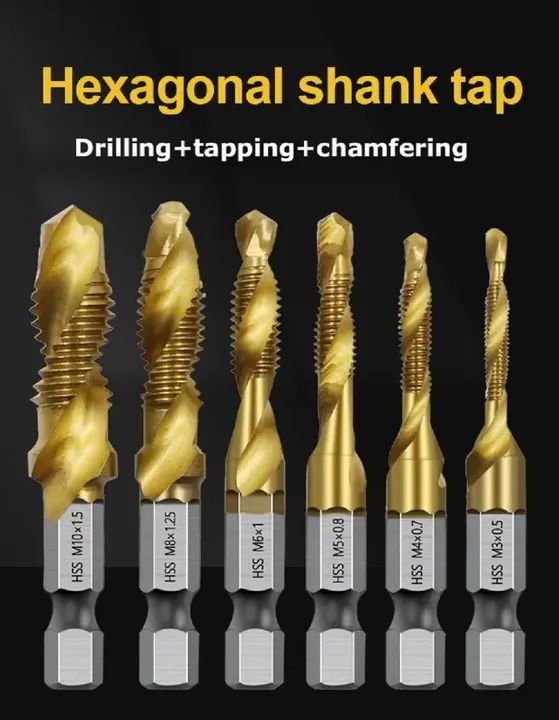6 UN Brocas Macho Fura Faz Rosca M3, M4, M5, M6, M8, M10 Dourada - COD 1191
