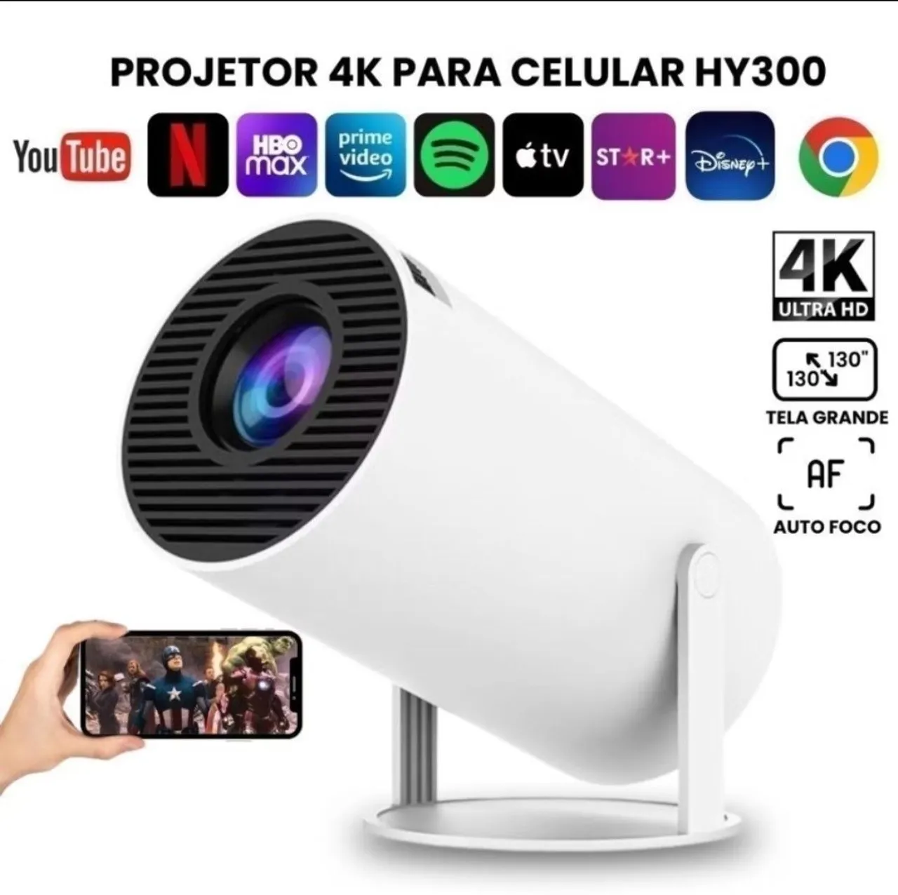 Projetor 4K para Celular HY300 - Tela Grande e Foco Automático
