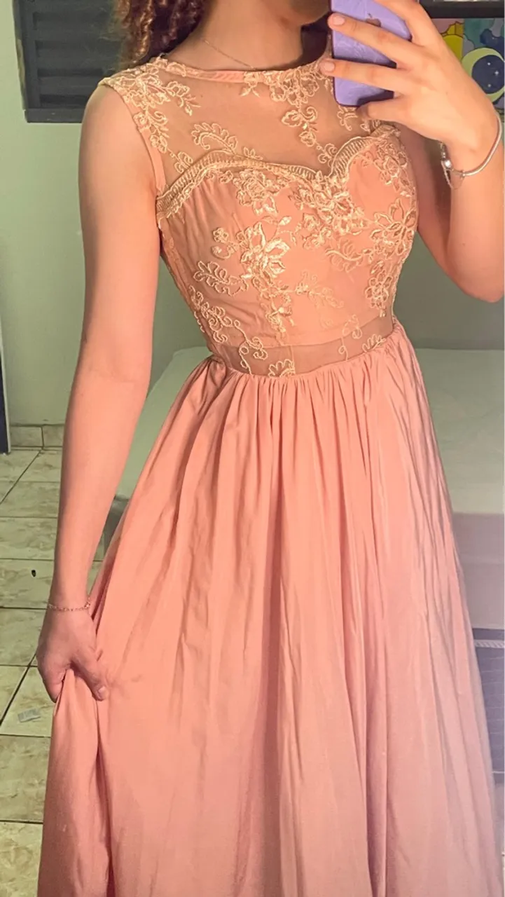Vestido de Festa Longo salmão com renda