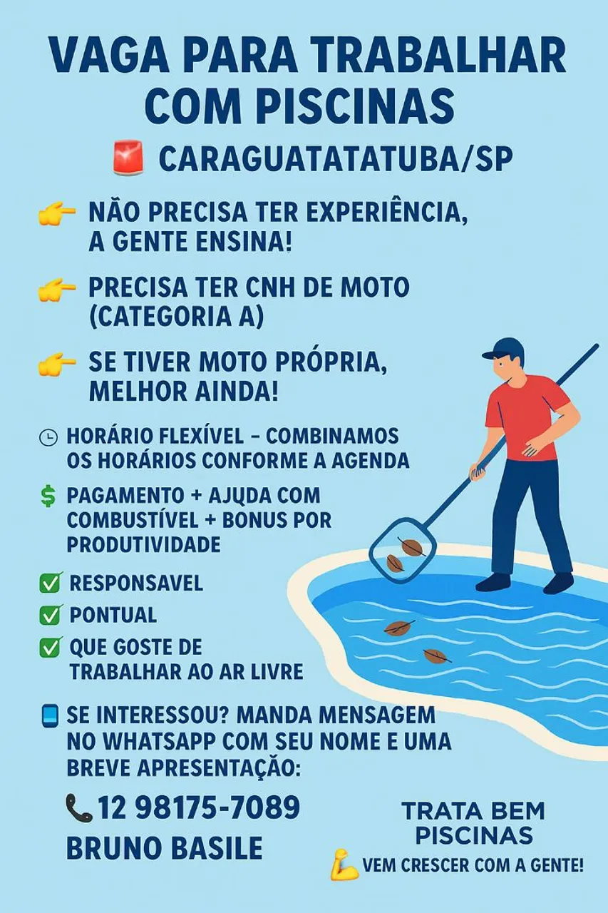 Vaga para limpeza e manutenção de piscinas