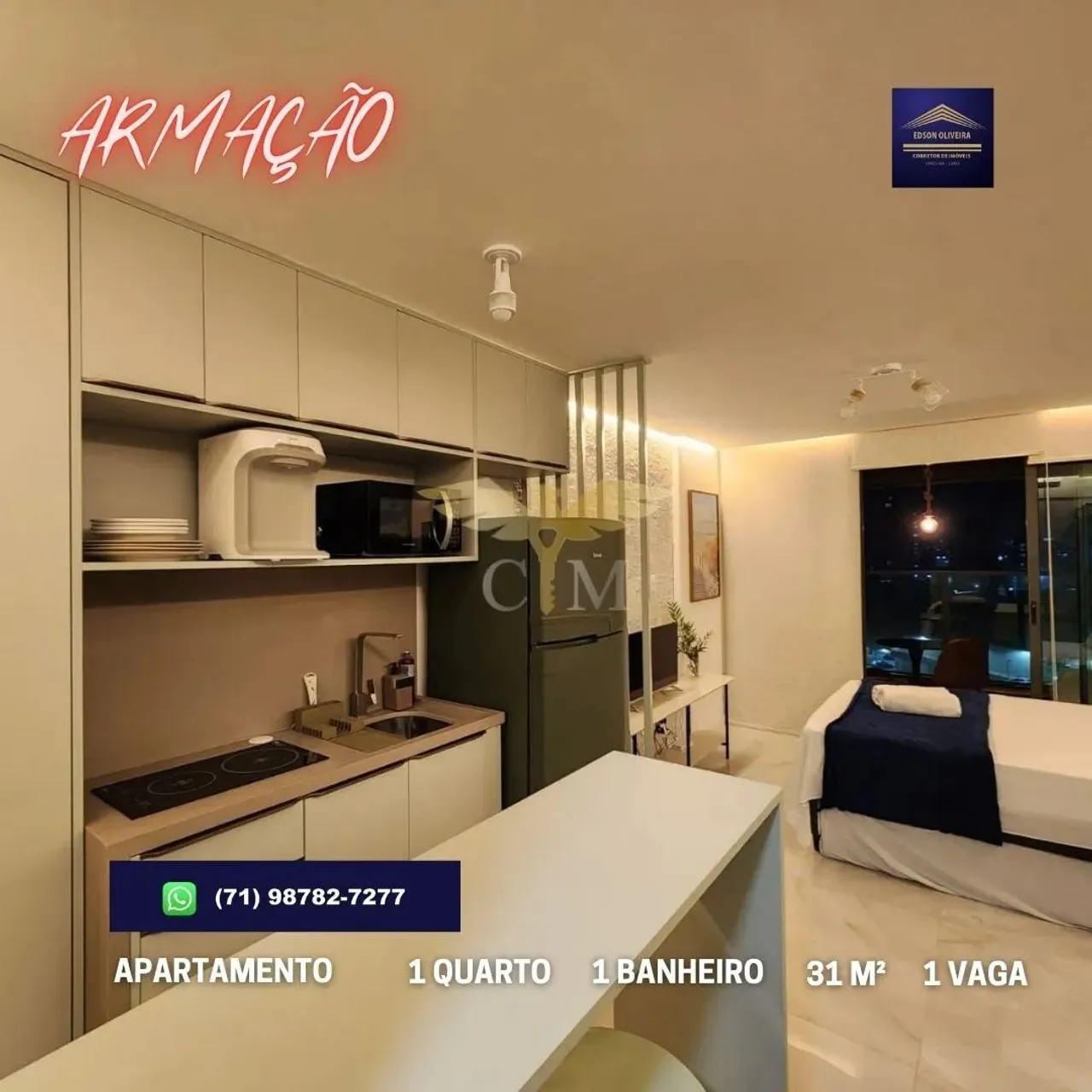 Espetacular apartamento 1 quarto, varanda, nascente, vista mar em Armação - Salvador - BA