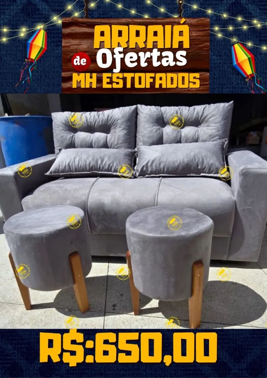Sofá com 2 puffs e oferta de Arraiá!