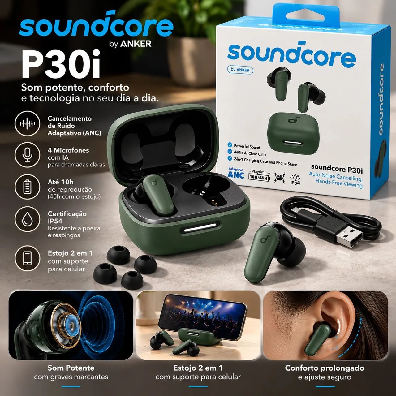 Fone Bluetooth Soundcore P30i Anker ANC 45h Verde Original - Foto 2