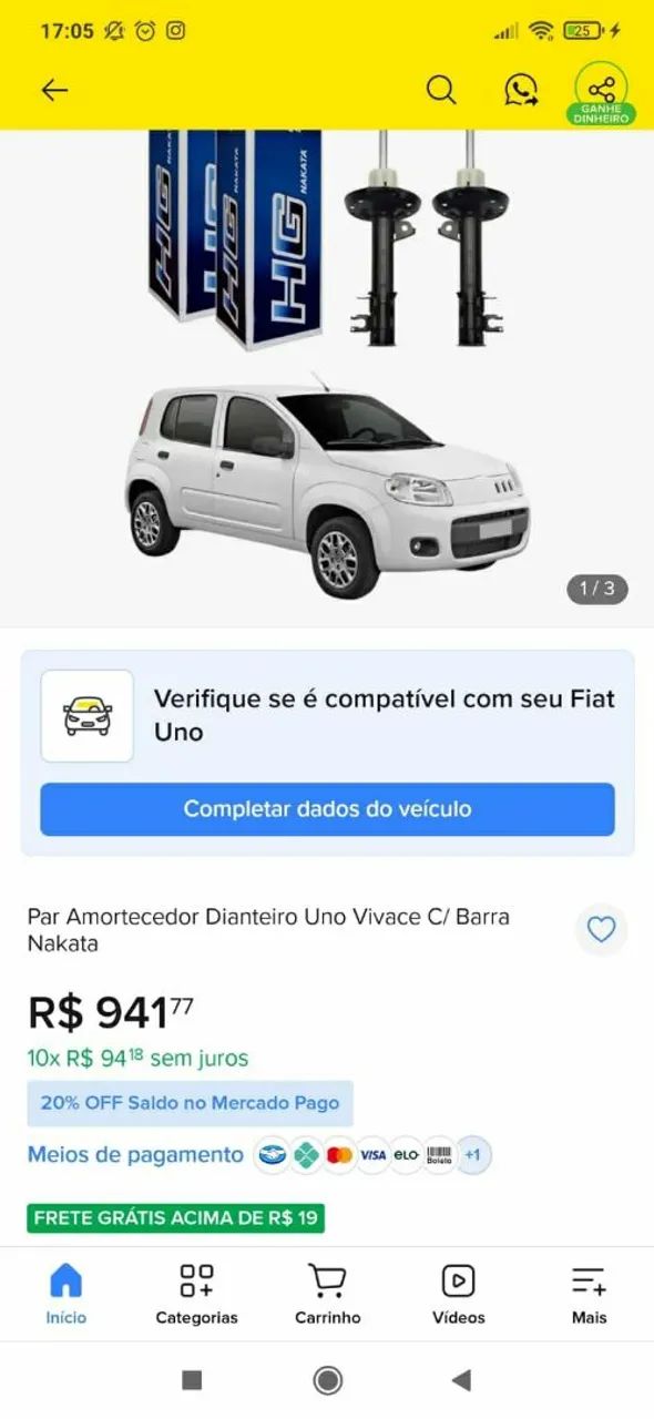 Par amortecedor dianteiro Uno Vivace com barra  2010 a 2020 original Nakata