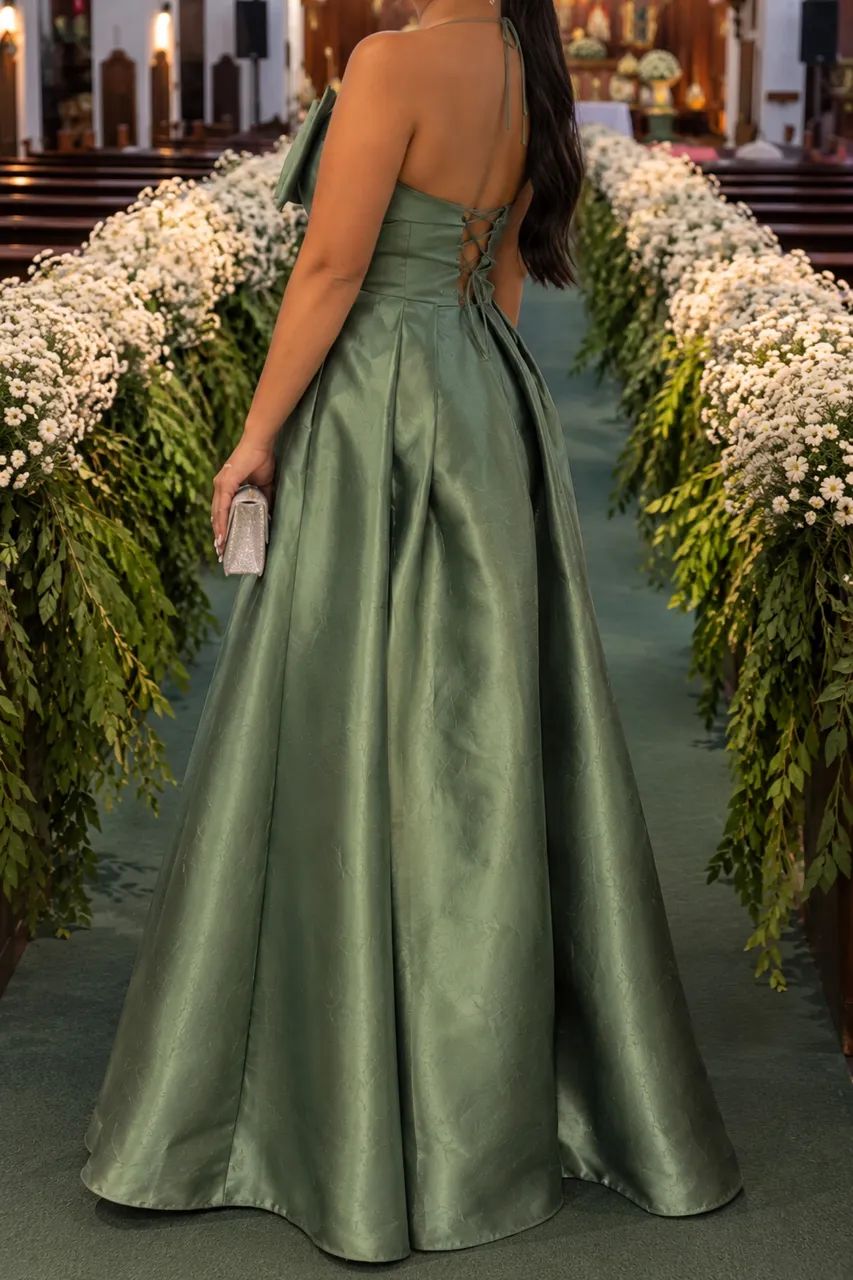 Vestido longo verde acetinado - Foto 2