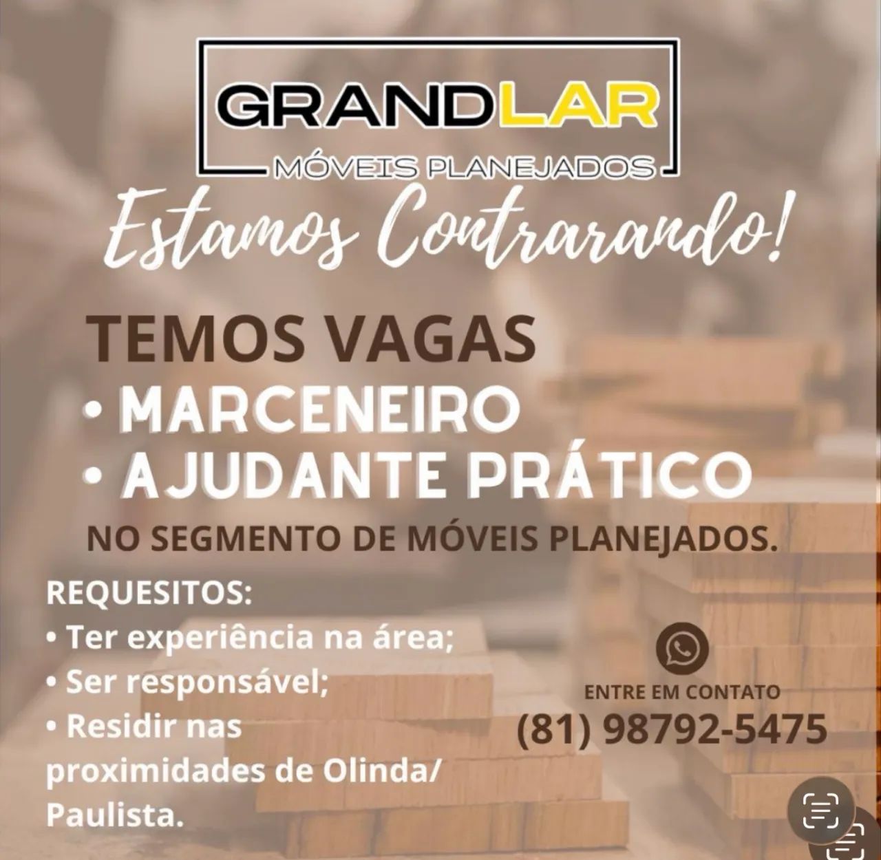 Vaga para marceneiro e ajudante 