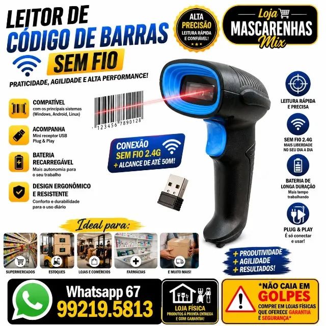 Leitor de Códigos de Barras SEM FIO Novo Cod: 085