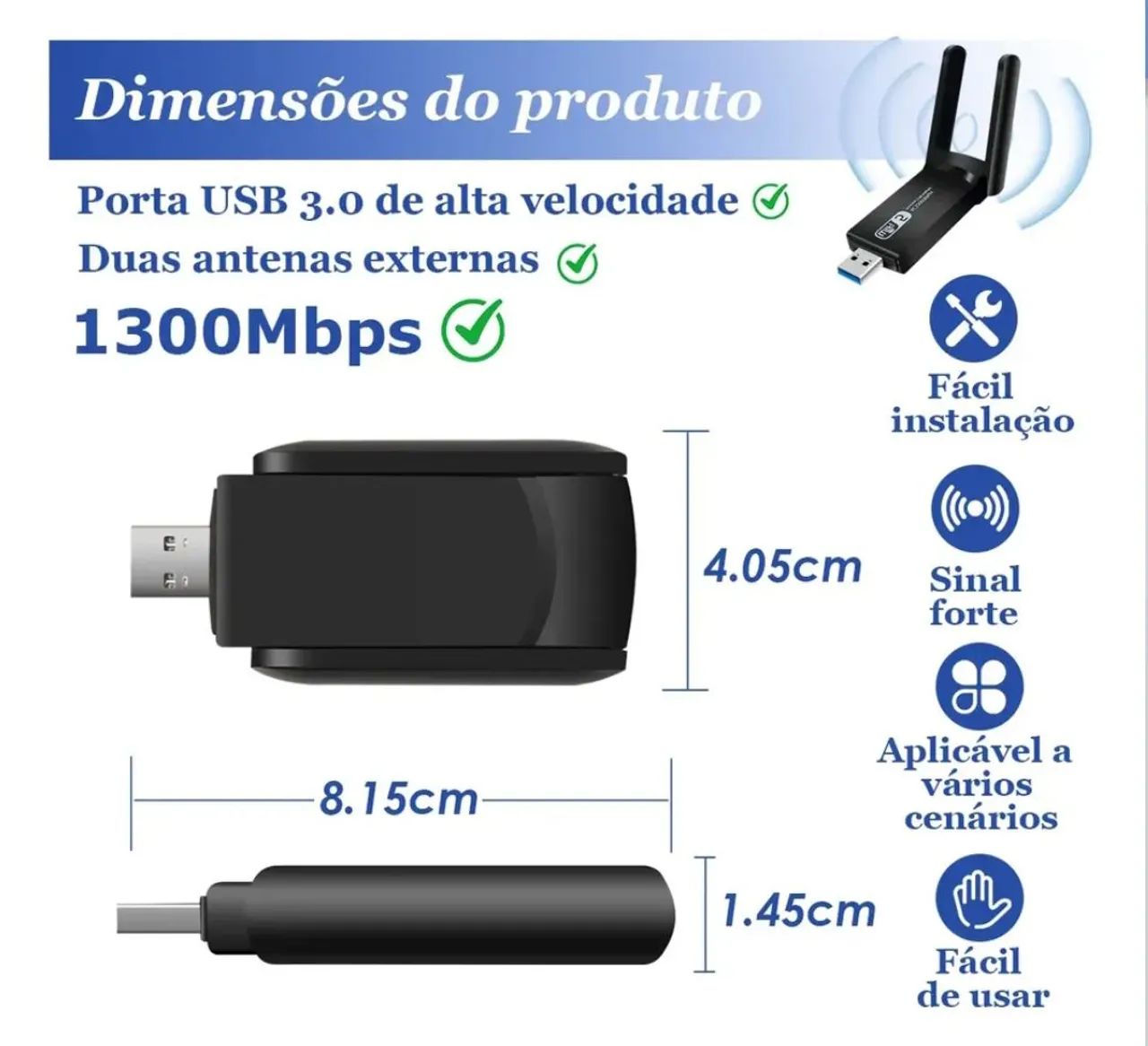 Adaptador Wifi Para Pc Usb 5ghz Dual<br>Band 1300mbps Com Anten - Foto 3