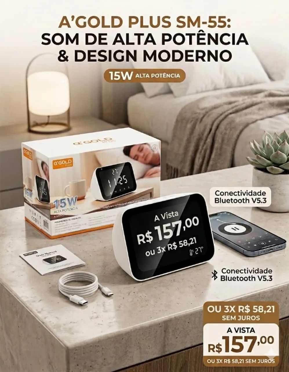 Caixa de Som Bluetooth  LED  radio relogio 15W - Foto 3