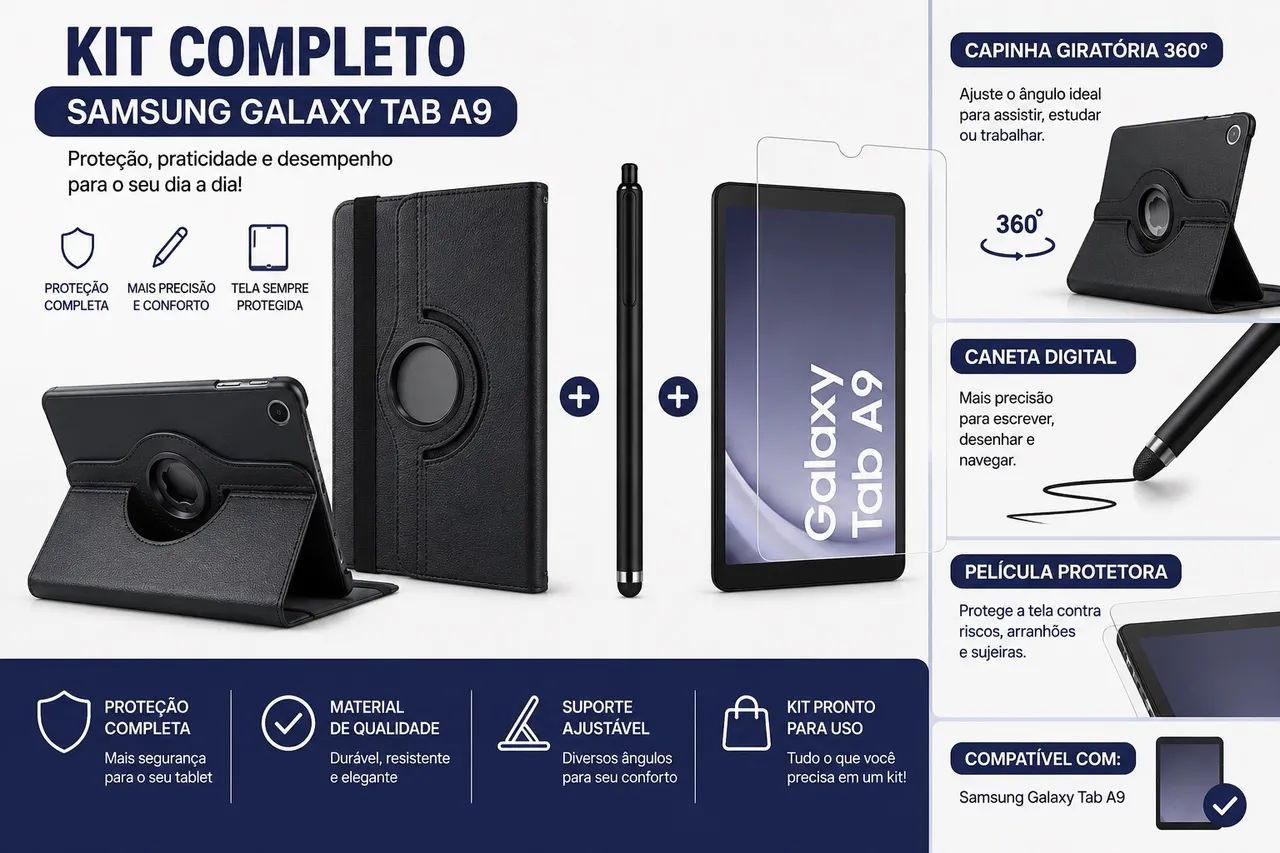     Kit Samsung Galaxy Tab A9: Capa + Caneta Touch + Película (Novo)