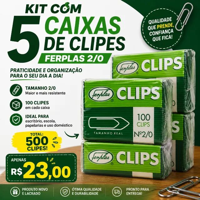 KIT COM 5 CAIXAS DE CLIPES 2/0 - FERPLAS