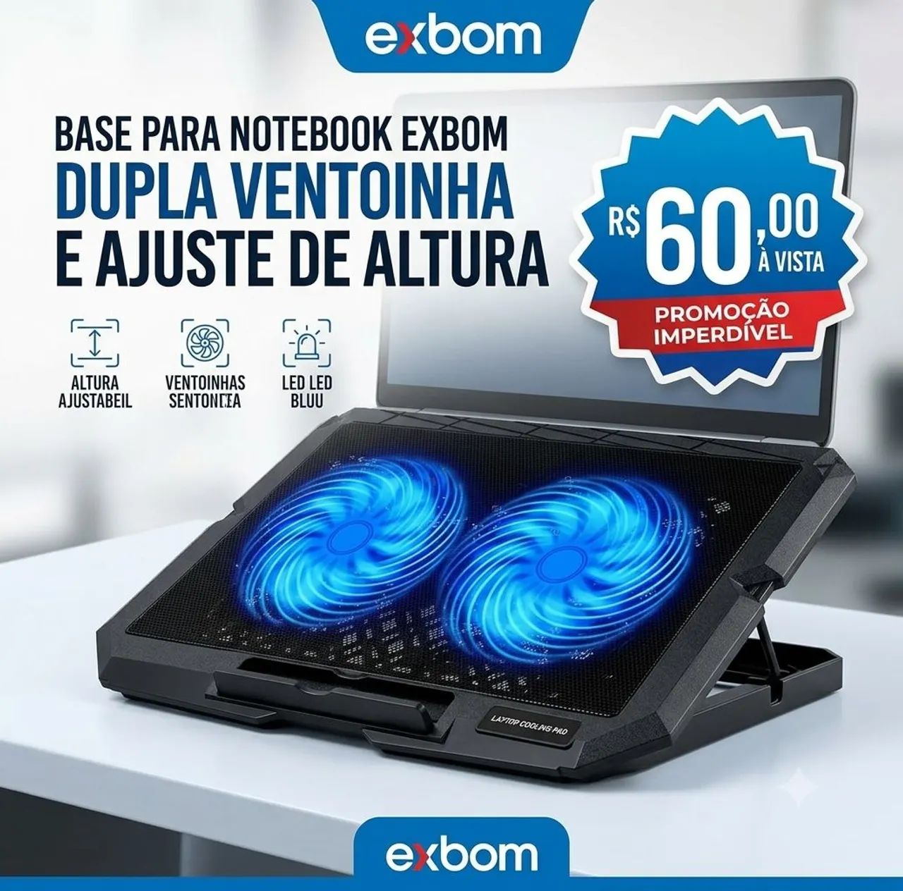 Base para Notebook com Dupla Ventoinha LED Azul e Ajuste de Altura - Exbom 