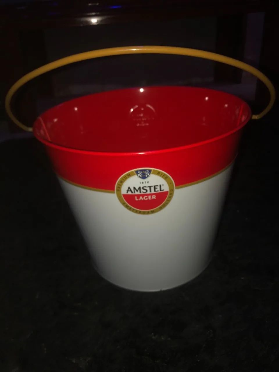 balde original AMSTEE LAGER vermelho e branco 