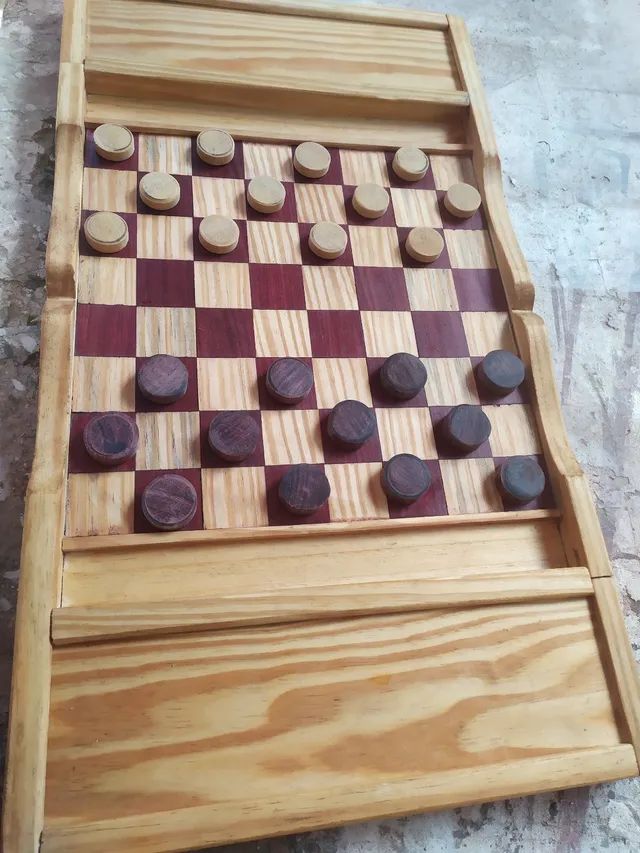 Jogo de dama totalmente madeira xadrez marchetado - Hobbies e