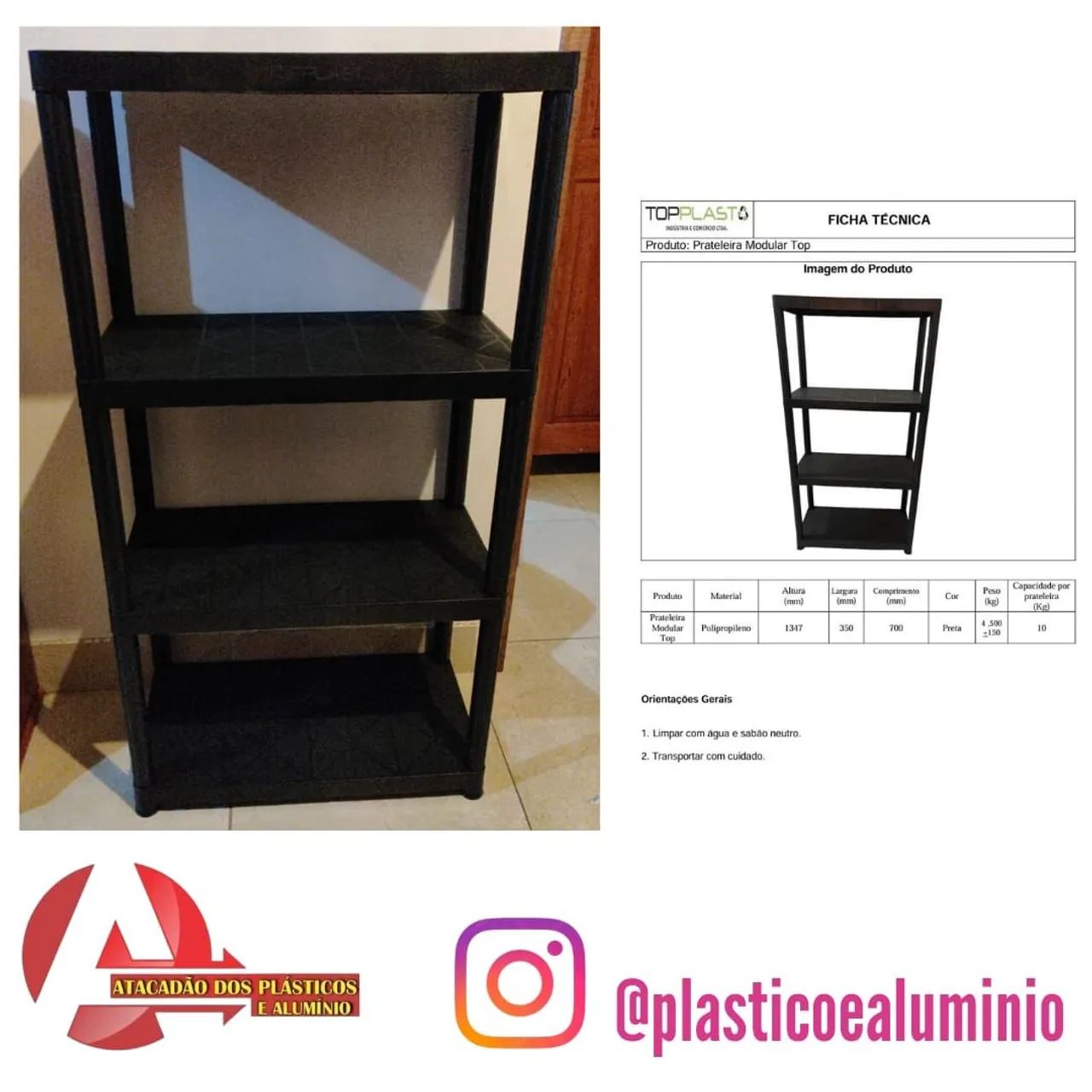 Prateleira Modular Top - 4 Prateleiras - Preta - 1,50 kg