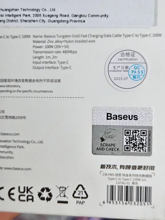 Cabo USB-C para USB-C Baseus 100W - Carregamento Rápido - Foto 3