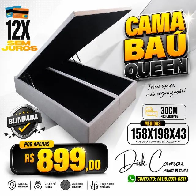 Baú Queen 158x198 Preto e Bege 30cm Profundidade