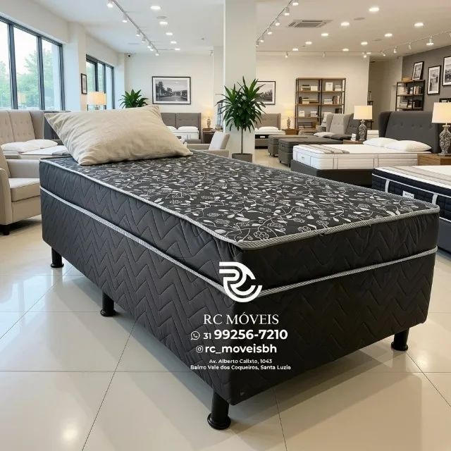 Box Cama Solteiro com Molas 0,88x1,88m Floral Cinza