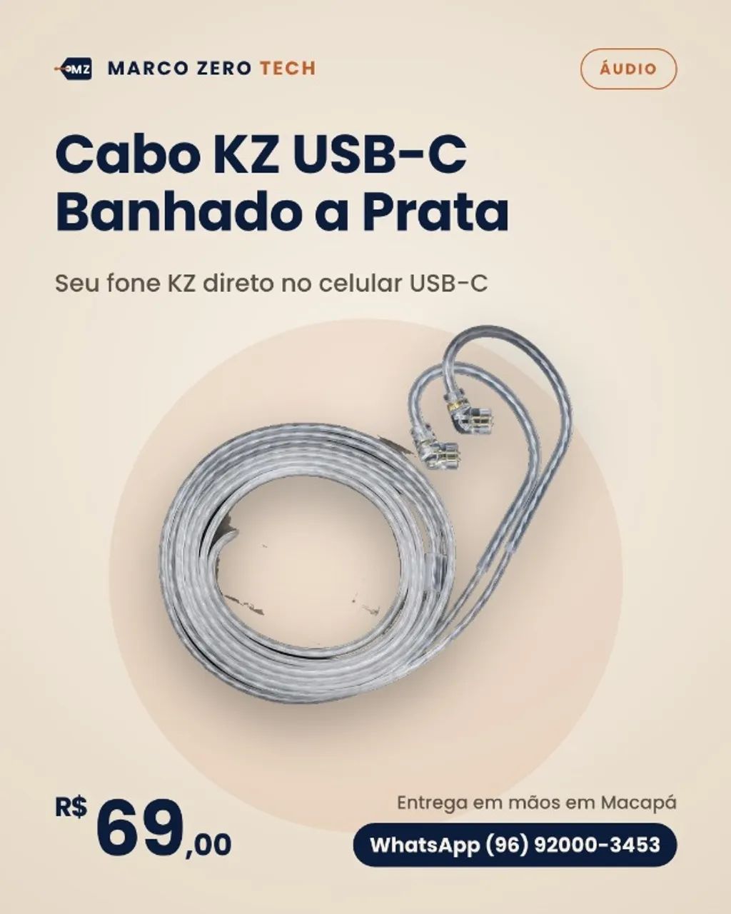 Cabo KZ USB-C Banhado a Prata com Microfone
