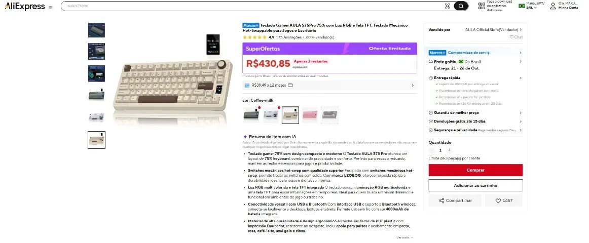   Teclado Gamer AULA S75Pro cor: Coffee-milk interface USB e suporte a Bluetooth wireless  - Foto 4