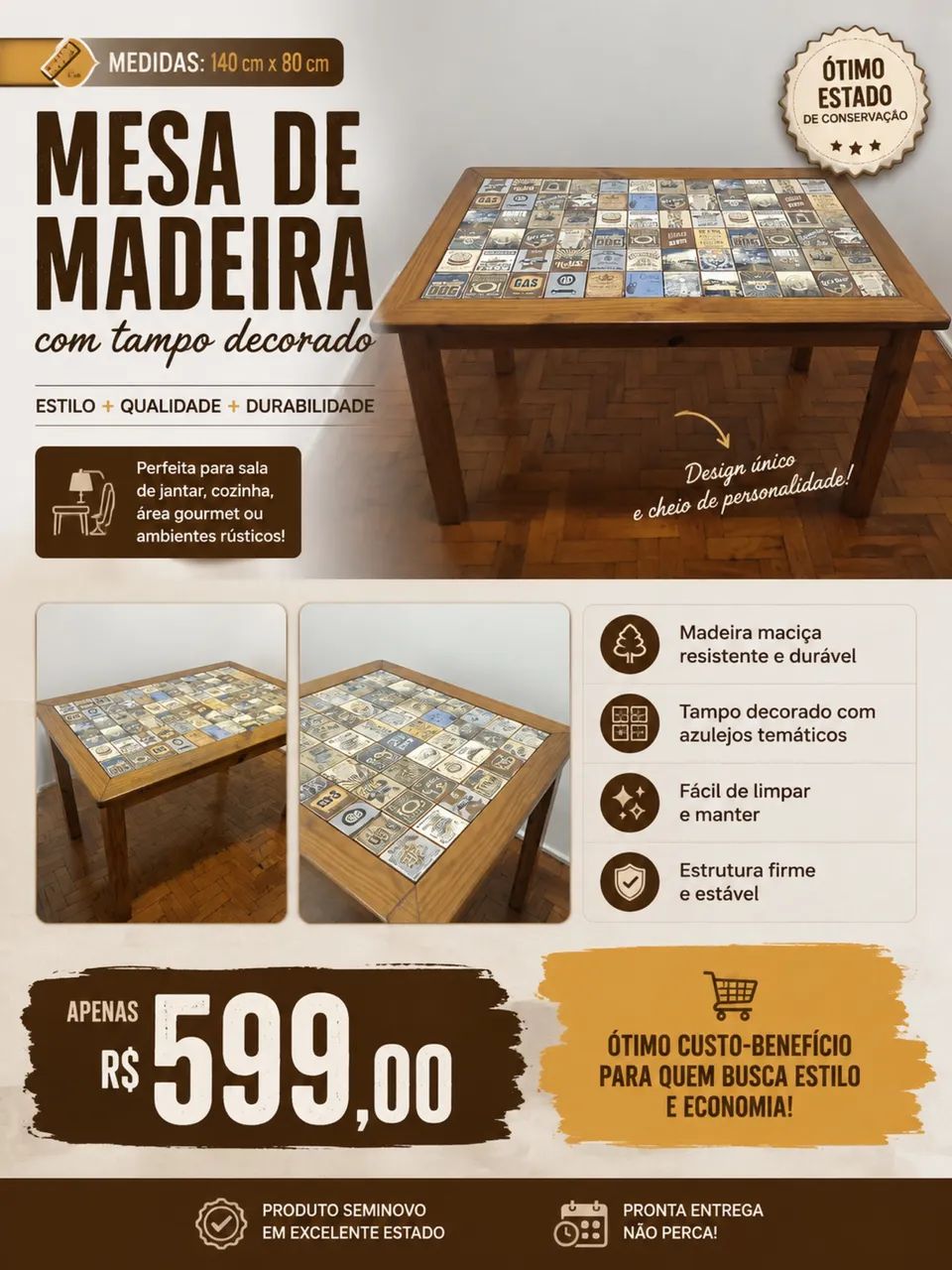 MESA DE MADEIRA COM TAMPO DECORADO ? R$ 599,00!