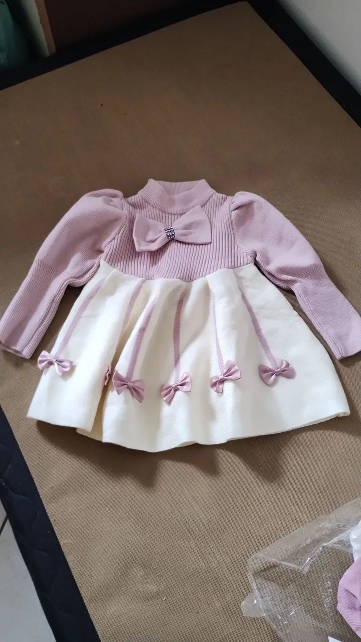 Vestido Bebê 1-8 Anos Com Renda, Laço E Mangas Longas<br>