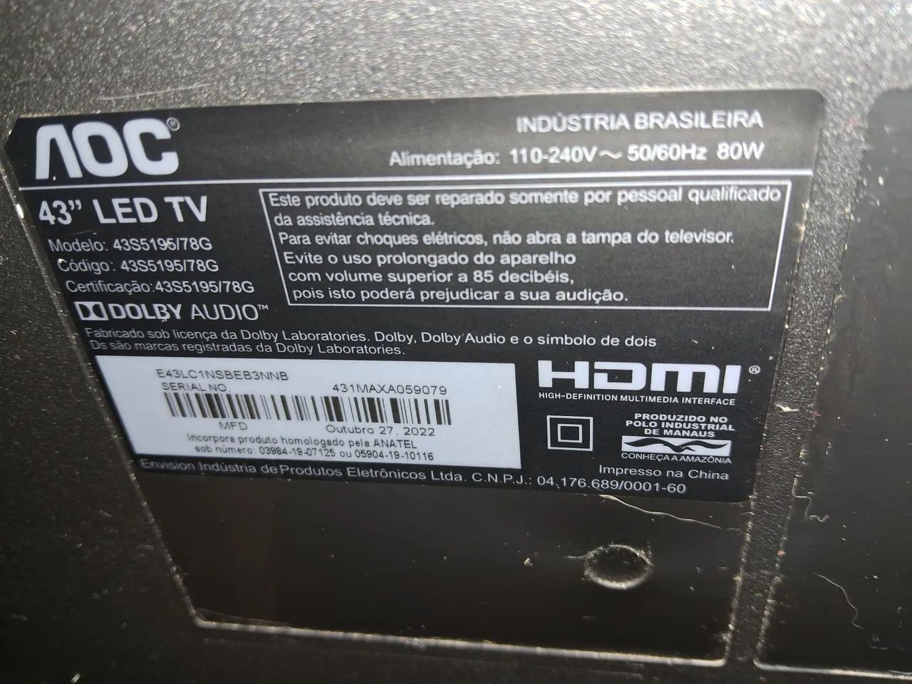 TV aoc tela quebrada 43 polegadas 