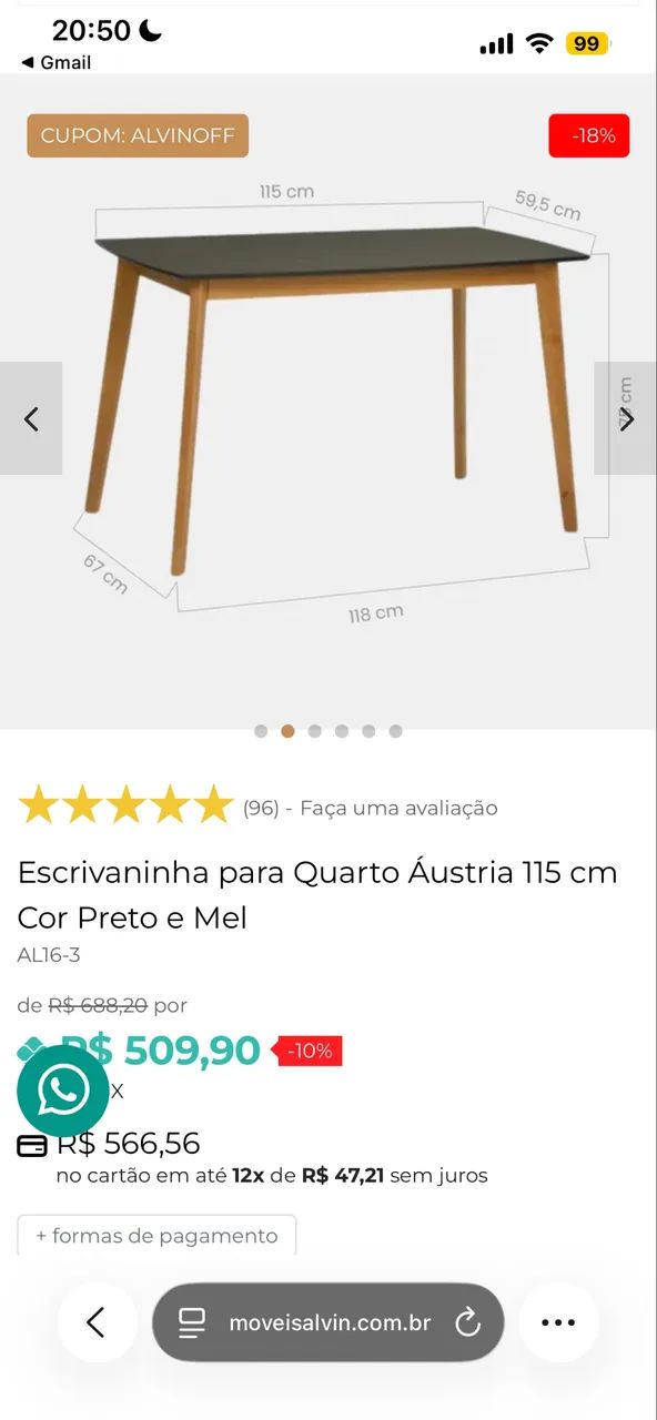 Escrivaninha para quarto ou escritório 115cm na cor preto e mel - Foto 3