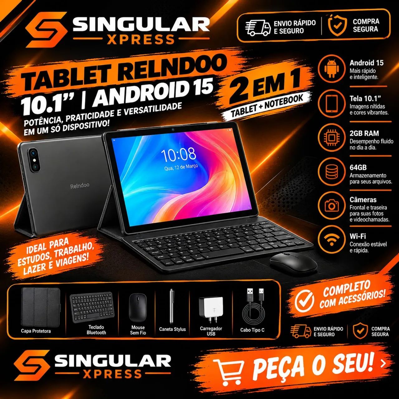 Tablet Relndoo 10.1 Android 15 2 em 1