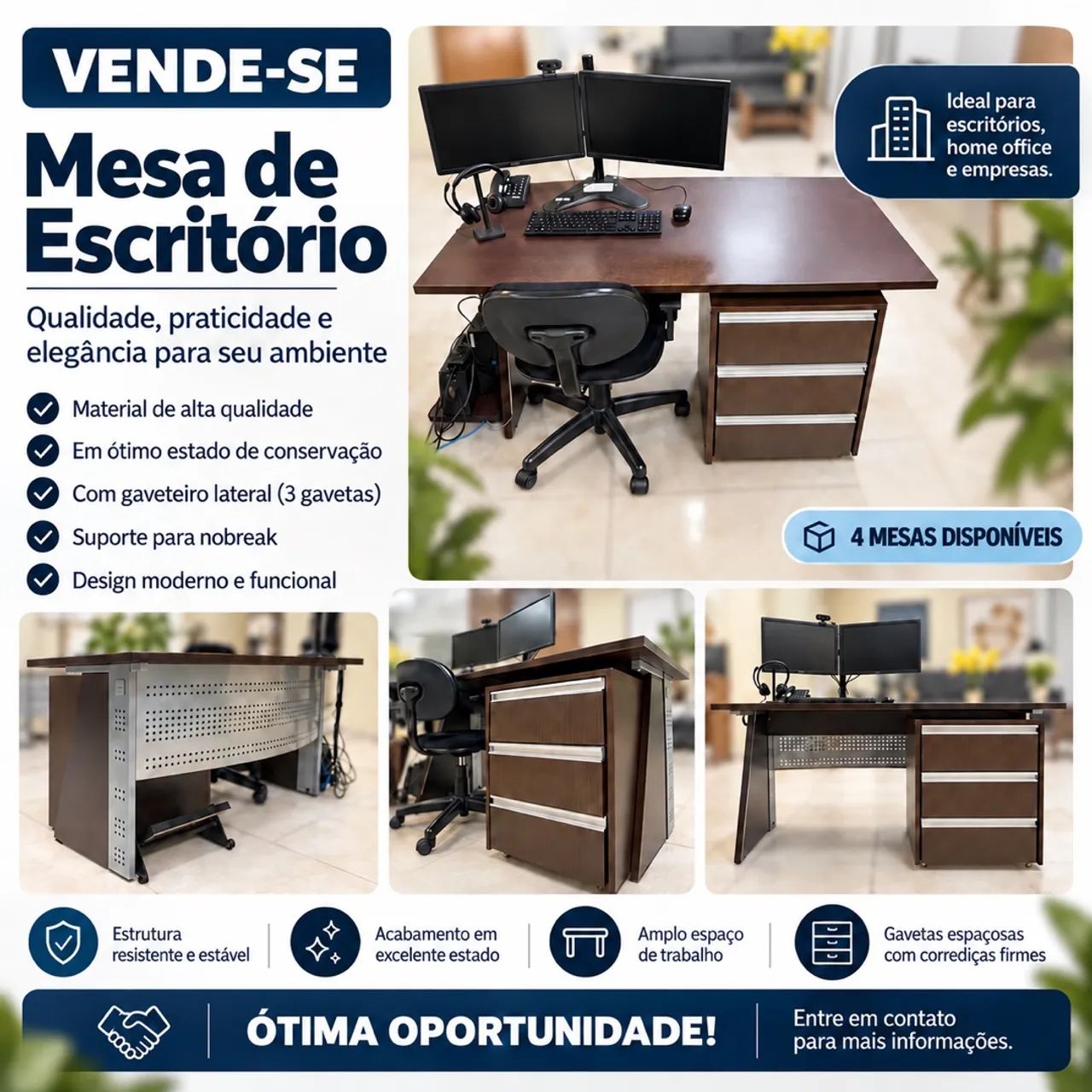 4 mesas de escritório com gaveteiro