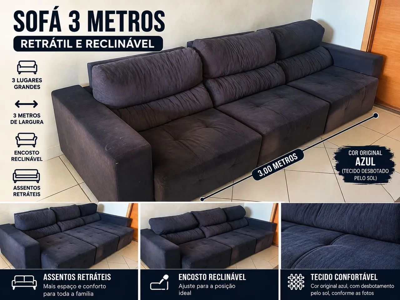 Sofá 3 Metros Retrátil e Reclinável - 3 Lugares