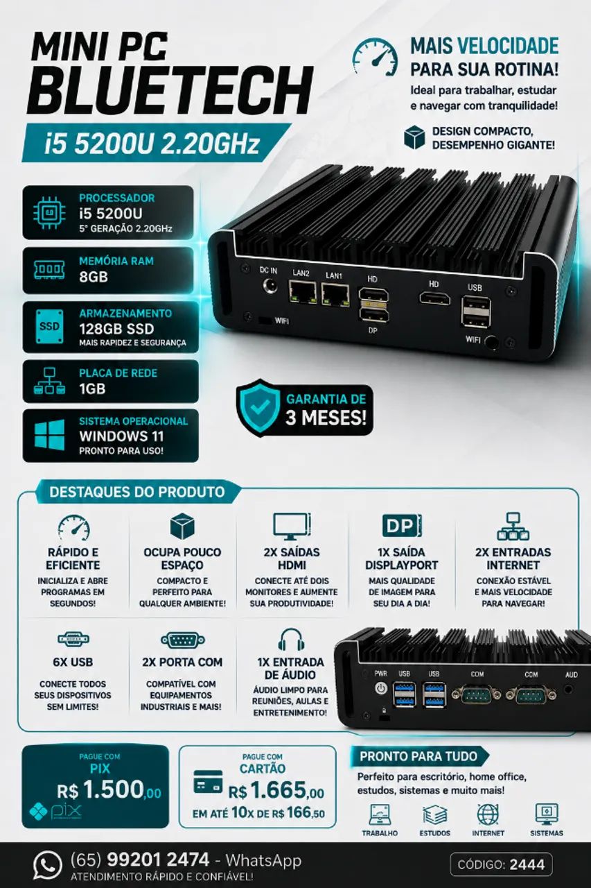 MINI PC BLUETECH I5 5200U 2.20GHZ 8GB RAM 128GB SSD 