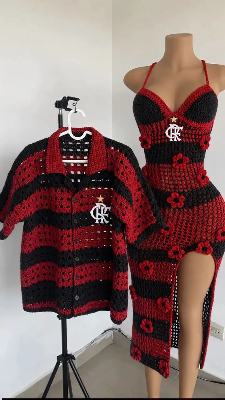 Conjunto blusa e vestido flamengo crochê 
