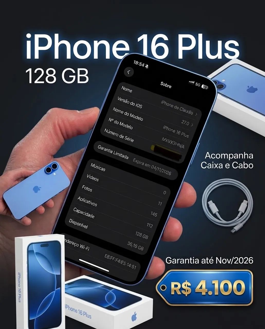 iPhone 16 Plus 128GB blue com garantia até novembro 2026 com caixa e cabo 