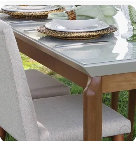 Mesa de Jantar Lauren c/ Vidro - Off-White c/ Natural 1.80m somente a mesa