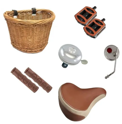 Kit Bicicleta Retrô Food Bike Marrom Cesta Vime Vintage 6 Itens.