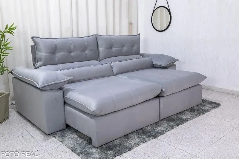 Sofá Retrátil Reclinável 2.50m Prata D33 e Molas Ensacadas rf65 