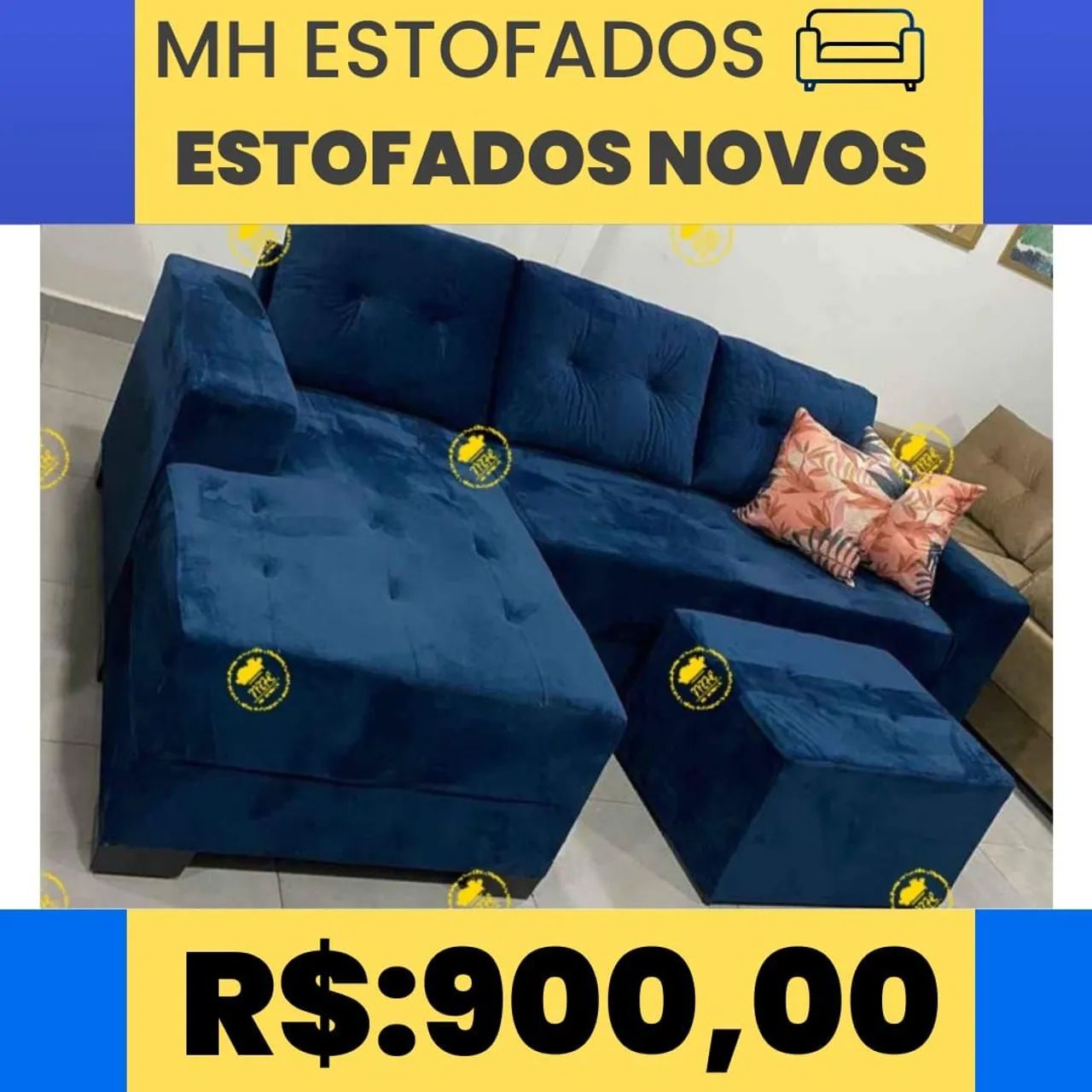 Sofá de canto azul com puff - Novo