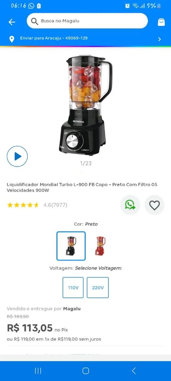 Liquidificador Mondial Turbo L-900 FB Copo Preto 900W
