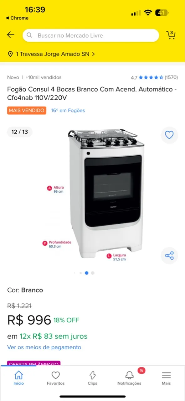 Fogão Consul 4 Bocas Branco Automático 110V/220V