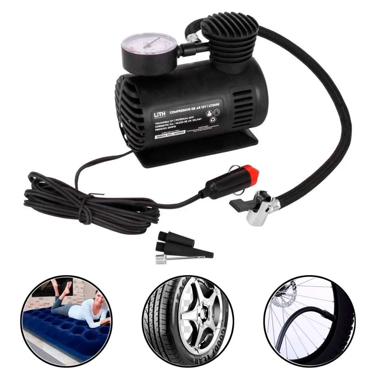Compressor de Ar 12V Portátil bombinha pra encher veicular - Encher Pneus e Infláveis