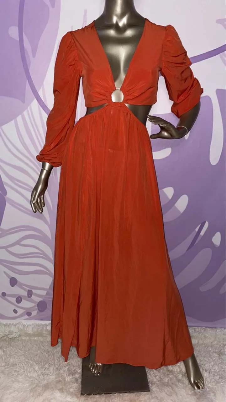 Vestido Longo Laranja Telha com Recortes Laterais e Fenda