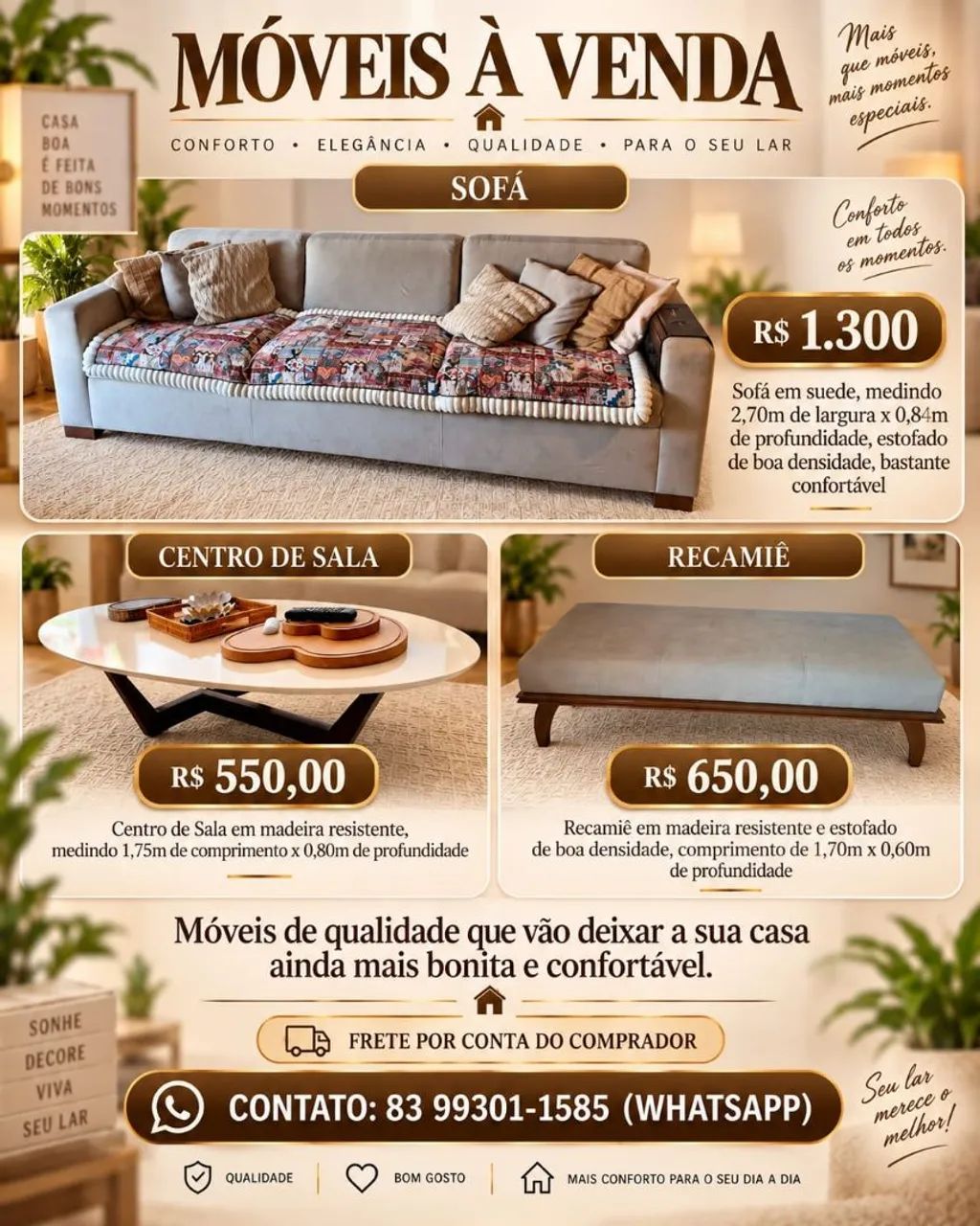 Kit  para sua sala de Sofá,  Centro de Sala e Recamie 